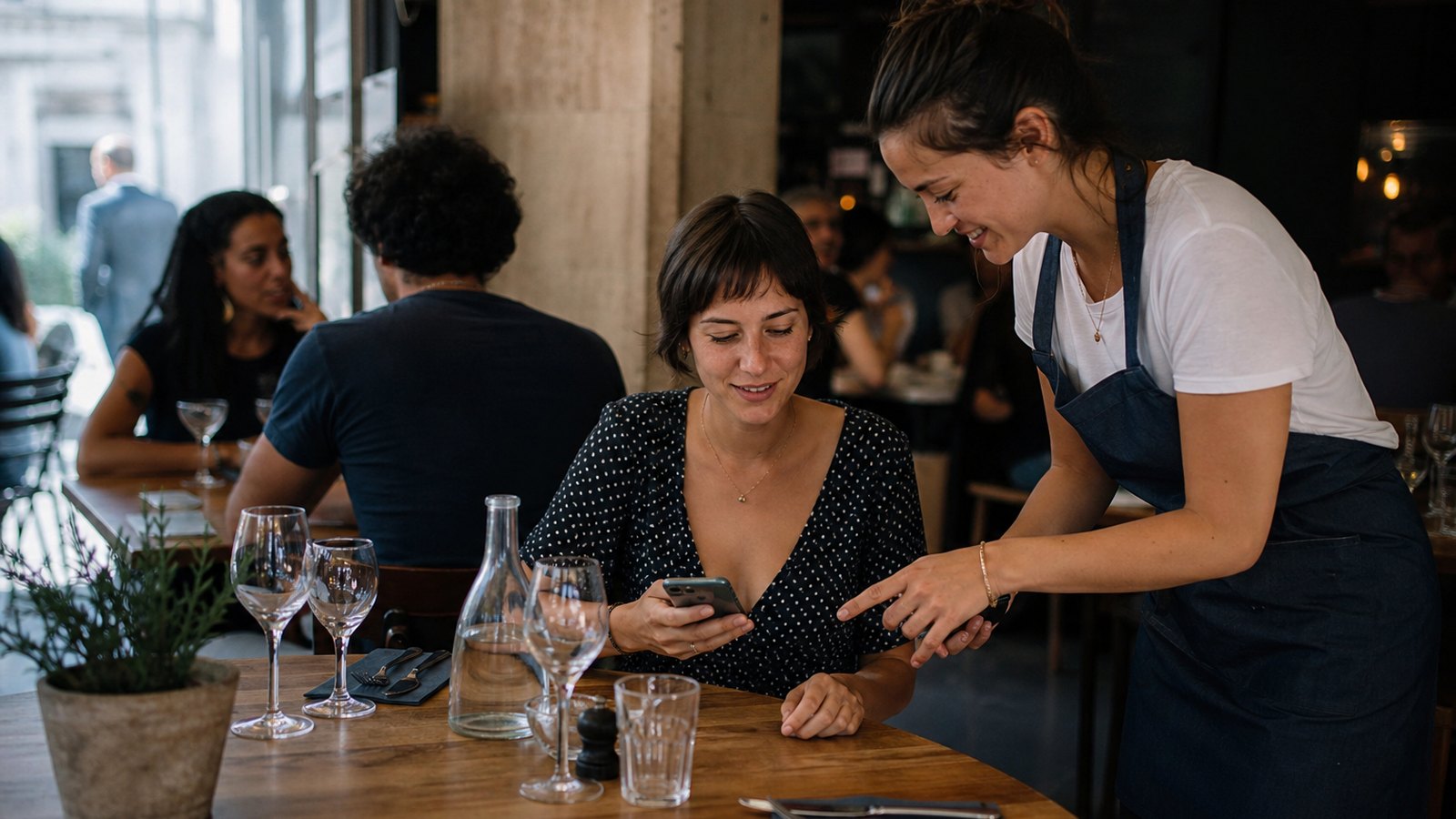 Salle de restaurant en plein service avec plusieurs tables occupées