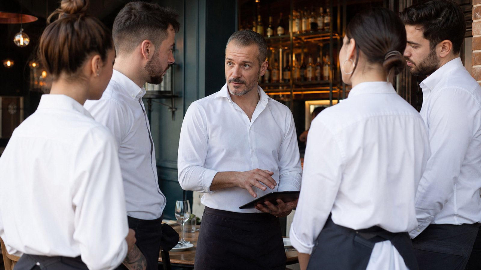 Chef de rang expliquant la tenue de la file d'attente à un serveur avant le service