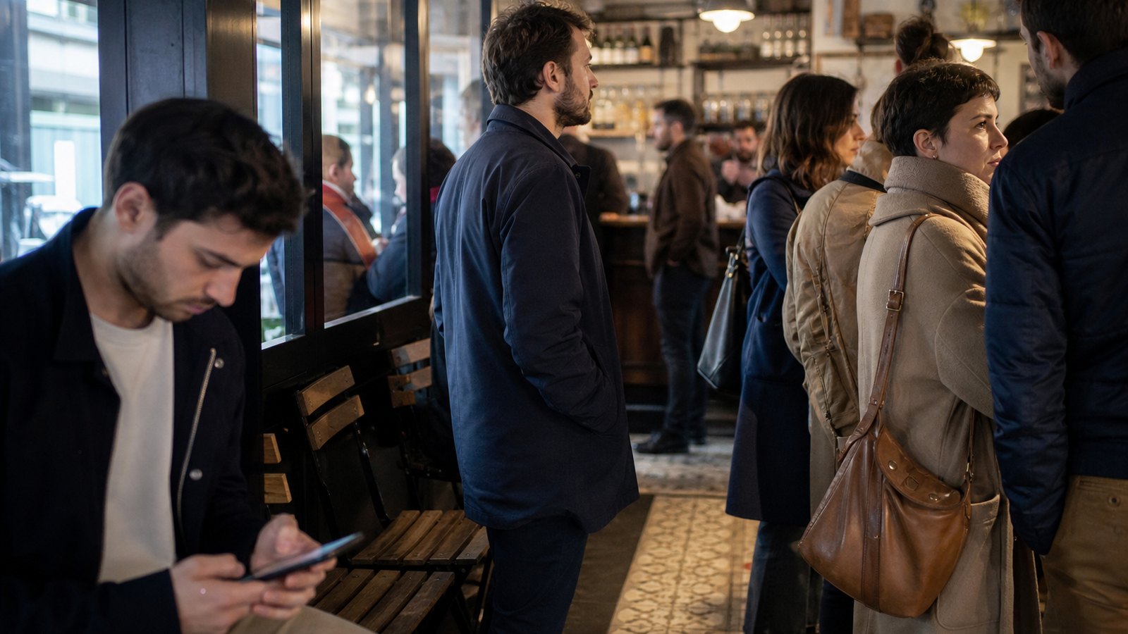 Intérieur d'un petit restaurant de quartier avec un comptoir d'accueil