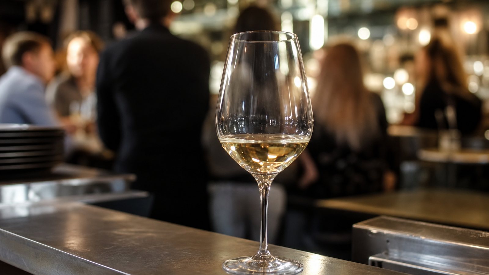 Verre offert posé sur le comptoir d'un restaurant devant des clients qui patientent