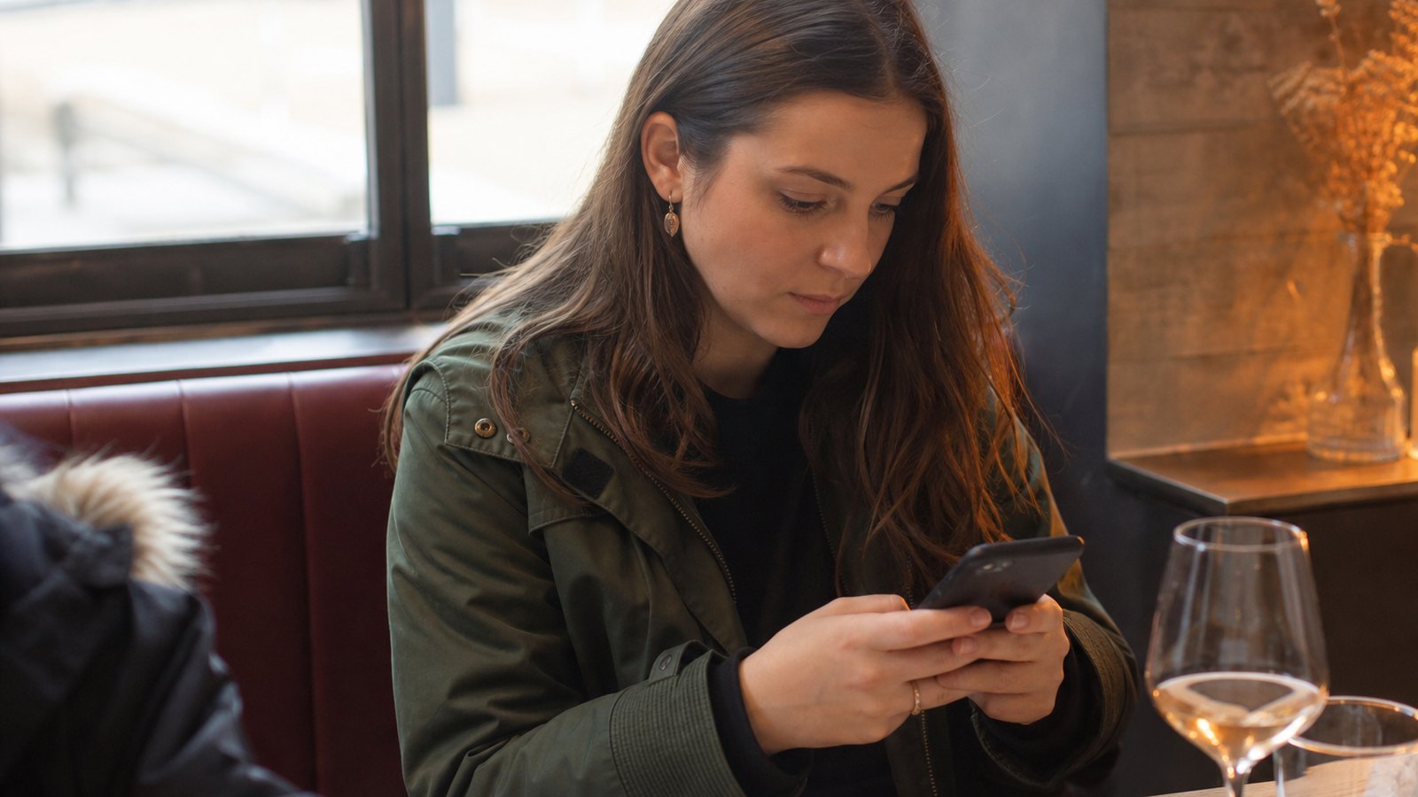 Client recevant un SMS de rappel sur son téléphone près d'un restaurant