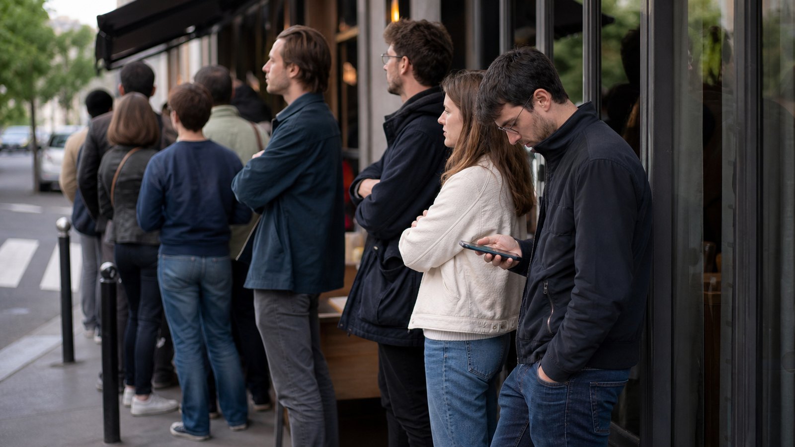 Clients patientant devant un restaurant avant d'obtenir une table